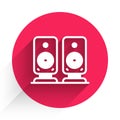 White Stereo speaker icon isolated with long shadow. Sound system speakers. Music icon. Musical column speaker bass