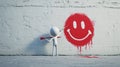 A white stick figure is painting a red smiley on a white concrete wall with a brush