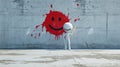 A white stick figure is painting a red smiley on a white concrete wall with a brush