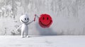 A white stick figure is painting a red smiley on a white concrete wall with a brush