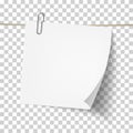 White sticky note attached metal paper clip on tape. Template for design. Vector illustration Royalty Free Stock Photo