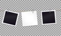 White sticky note and photo frames attached metal paper clips on tape. Template for design. Vector