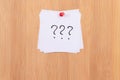 White Sticky Notes with Three Question Marks Pinned to the Wooden Message Board Royalty Free Stock Photo