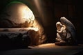 Stone statue of an angel inside a dark tomb