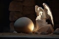 Stone statue of an angel inside a dark tomb