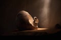 Stone statue of an angel inside a dark tomb