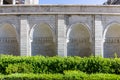 White stone carved cloisters and arches with arabic ornaments in the courtyard of Akhaltsikhe (Rabati) Castle, Georgia Royalty Free Stock Photo