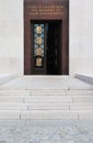 The white stone chapel door at the Luxembourg American Cemetery and Memorial