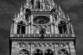 White stone church tower detail of the cathedral in Zagreb. black and white Royalty Free Stock Photo