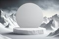 A White Stone Circle with Icy Mountains Blank Podium for Product Advertising - Generative AI