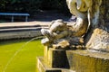 A white stone fish fountain in a pool of green water at Huntington Library and Botanical Gardens in San Marino, California Royalty Free Stock Photo