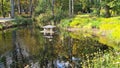 White stone footbridge across small stream in city park in autumn Royalty Free Stock Photo