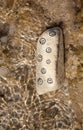 white stone with funny and sad muzzles painted on it on a sandy beach