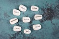 White stone with german words love, trust, courage, luck, fun on a blue textured background, empty space for text Royalty Free Stock Photo