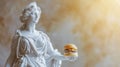 white stone greek statue of goddess female with fresh made tasty big cheeseburger in her hand, banner