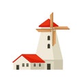 White stone mill with a red roof. Vector illustration on white background.