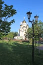 White stone Orthodox Church with Golden domes in the sun Moscow region Russia Royalty Free Stock Photo