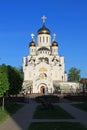 White stone Orthodox Church with Golden domes in the sun Moscow region Russia Royalty Free Stock Photo