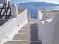 White Stone Stairway to the Blue Sea, Santorini Island of Greece Royalty Free Stock Photo