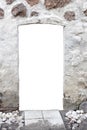 White stone wall with a hole in the middle. isolated on white background. window in the wall. vertical frame Royalty Free Stock Photo