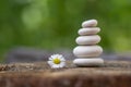 White stones cairn, poise light pebbles on wooden stump in front of green natural background, zen like, harmony and balance Royalty Free Stock Photo