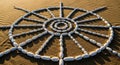 White stones are precisely arranged in a radial pattern resembling a sun on sandy terrain. This Royalty Free Stock Photo