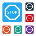 White Stop sign icon isolated on white background. Traffic regulatory warning stop symbol. Set icons in color square