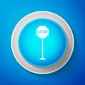 White Stop sign icon isolated on blue background. Traffic regulatory warning stop symbol. Circle blue button with white