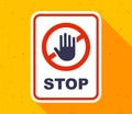 white stop sign sticker. palm gesture indicating stop.