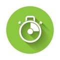 White Stopwatch icon isolated with long shadow. Time timer sign. Chronometer sign. Green circle button. Vector