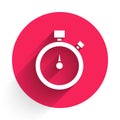 White Stopwatch icon isolated with long shadow. Time timer sign. Chronometer sign. Red circle button. Vector