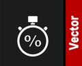 White Stopwatch and percent icon isolated on black background. Time timer sign. Vector Illustration