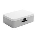 A white storage box with a small black handle on the front side Royalty Free Stock Photo