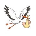 White Stork Carrying Twin Babies in Yellow Swaddle Royalty Free Stock Photo