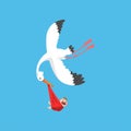 White stork delivering a newborn baby, flying bird carrying a bundle with crying baby, template for baby shower banner Royalty Free Stock Photo