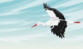 A white stork flies in a clear blue summer sky