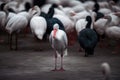 White stork in a flock of black and white storks. Standing out from the crowd, a white bird standing out from others, AI Generated