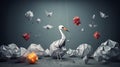 White stork flying among the low poly origami, Generative AI illustrations