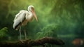 Photorealistic Landscape: White Stork Perched On Wood Branch