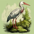 Charming White Stork Illustration In Saturated Pigments