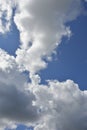 White storm clouds float across the blue sky. Beautiful atmospheric phenomenon. Natural vertical background