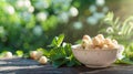 white strawberries in a white bowl on the table. Selective focus Royalty Free Stock Photo