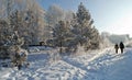 The street of the town in winter, snowy trees, a woman and a child are walking along the snowy path.