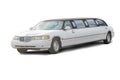 White stretch limousine with tinted windows, chrome accents, and reflective surface Side view, no additional objects a Royalty Free Stock Photo