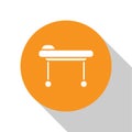 White Stretcher icon isolated on white background. Patient hospital medical stretcher. Orange circle button. Vector