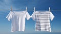 White and striped t-shirts drying on a laundry line, on blue sky background. Clean clothes on a clothes line. Generative AI Royalty Free Stock Photo