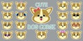 White stroke sticker, cute corgi puppy dog head, mega set of different emotions and accessories. Cartoon style, flat design,