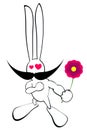 White strong rabbit with a mustache in love gives a flower