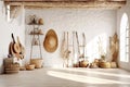 White stucco wall and ceiling with wooden beams in farmhouse hallway. Rustic style interior design of boho entrance hall in