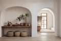 White stucco walls and arched doorway in farmhouse hallway. Rustic style interior design of boho entrance hall in country house